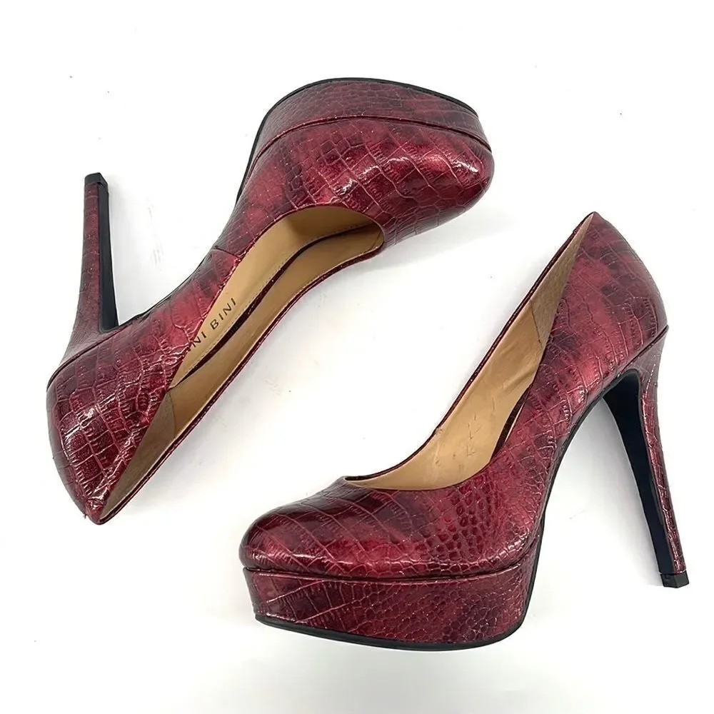 Gianni Bini wine red faux python print metallic platform heel heels shoes NWOT